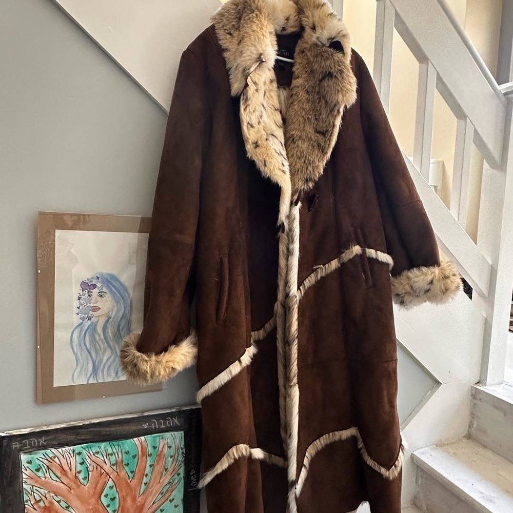 Fabulous Furs Brown Shearling Coat with Cream Fur Trim